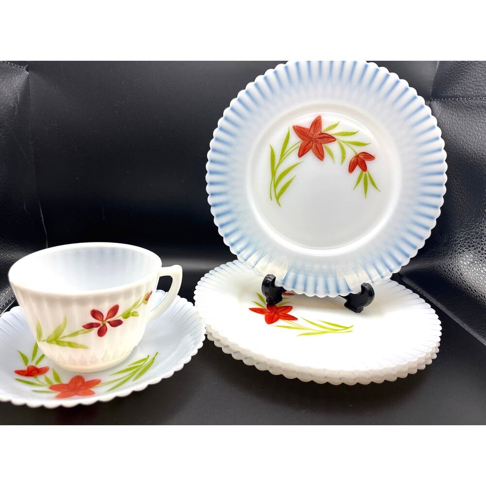 Vintage Petalware Florette Milk Glass Teacup, Saucer, Salad Plates Macbeth-Evans